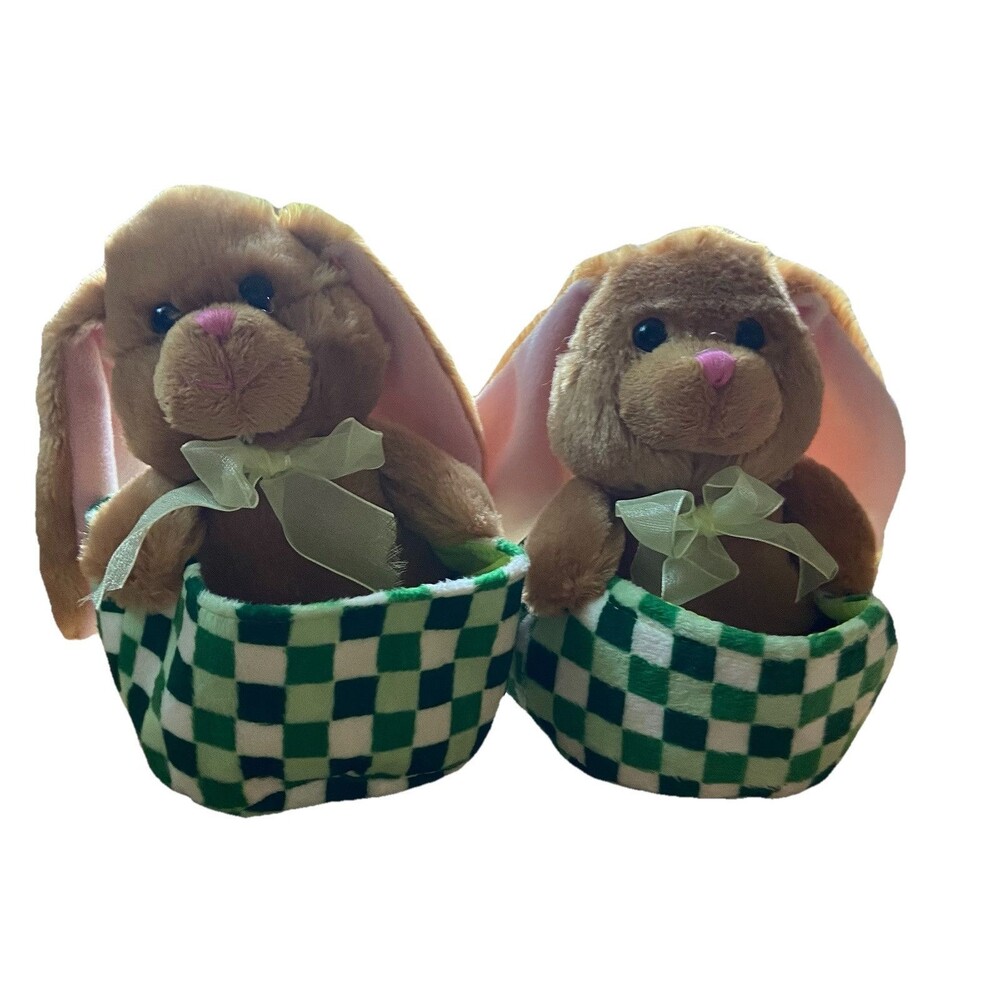 Pair Of Cottondale Bunnies in Basket Plush - Green